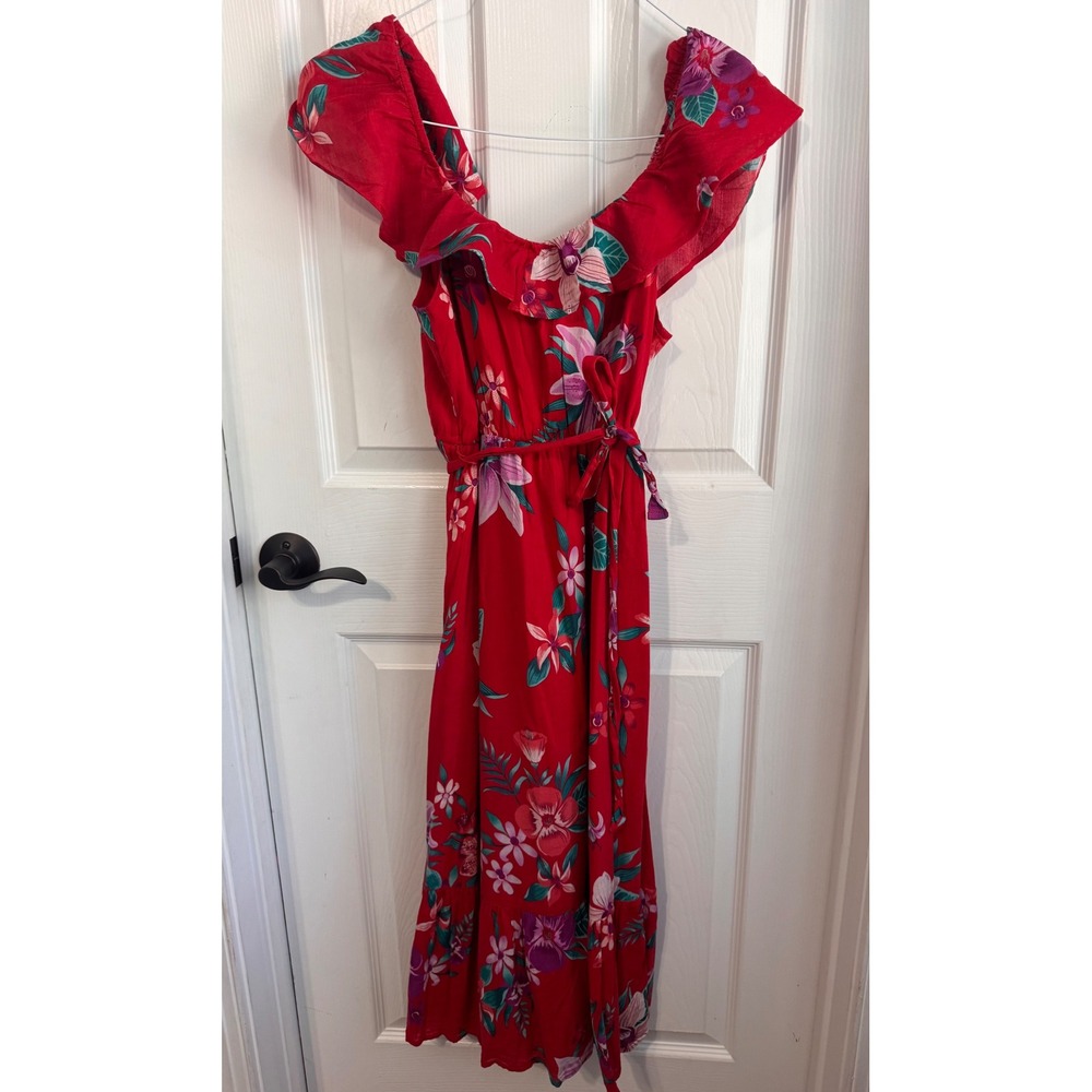 Old Navy Dress Floral Ruffle Maxi XS Red Tropical Tie Waist